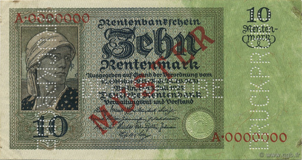 10 Rentenmark Spécimen ALLEMAGNE  1925 P.170s pr.SUP