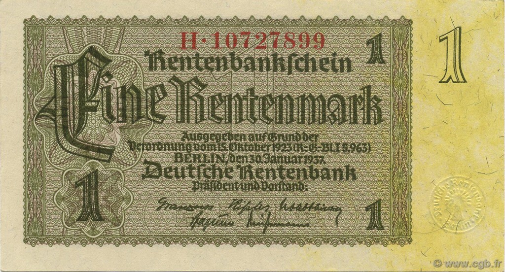 1 Rentenmark ALLEMAGNE  1937 P.173b pr.NEUF