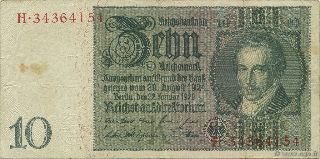 10 Reichsmark ALLEMAGNE  1929 P.180a TTB