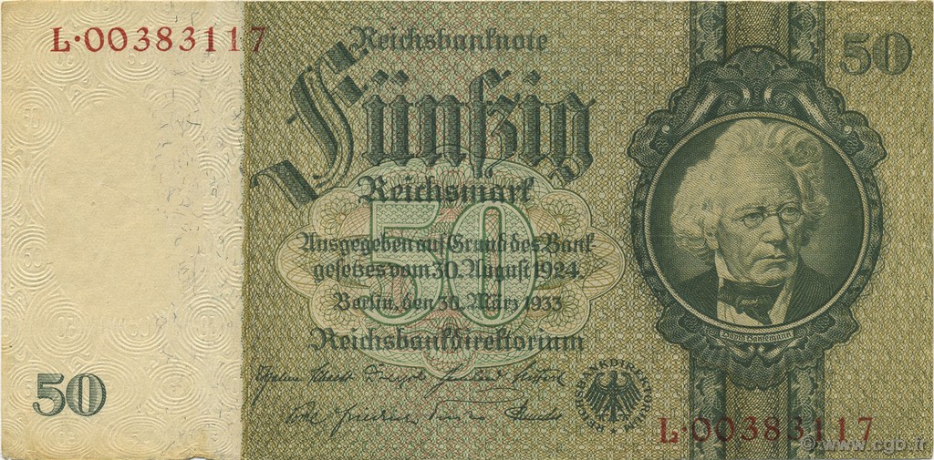 50 Reichsmark GERMANY  1933 P.182b VF