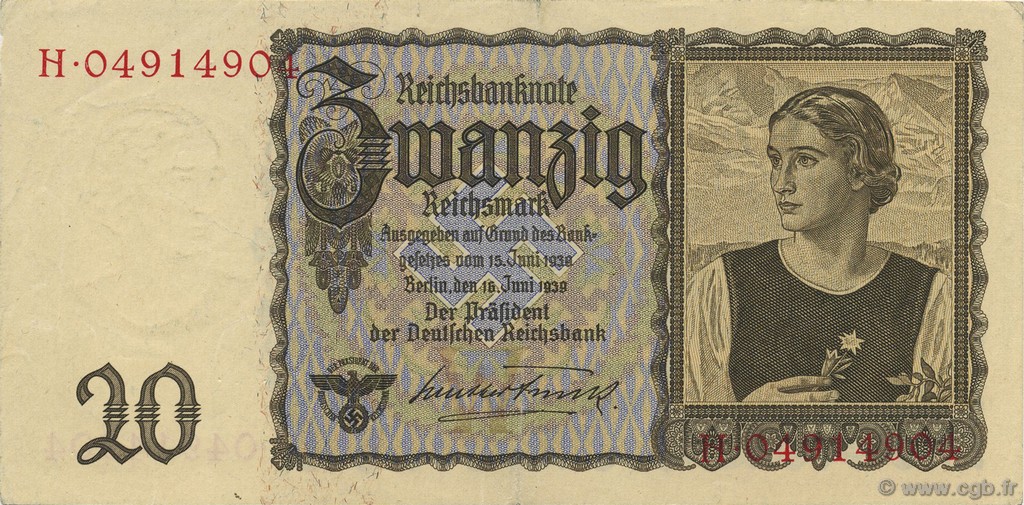 20 Reichsmark ALLEMAGNE  1939 P.185 SUP