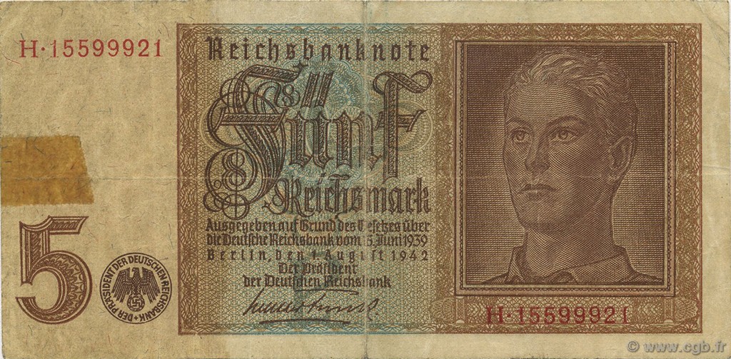 5 Reichsmark ALLEMAGNE  1942 P.186a pr.TB