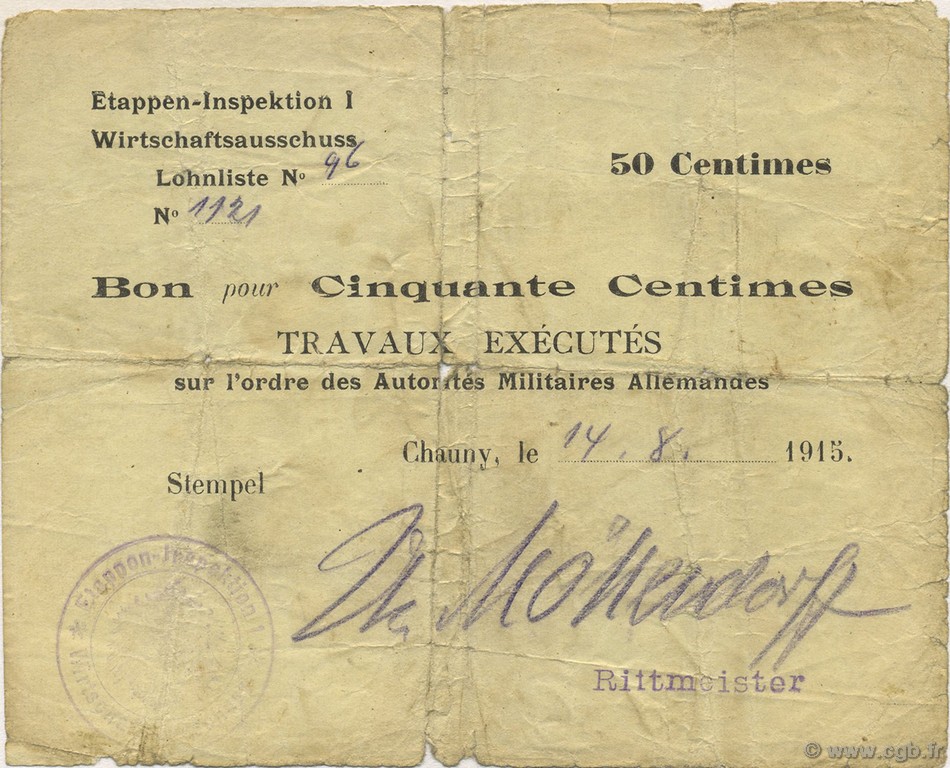 50 Centimes ALLEMAGNE Chauny 1915 P.M01 pr.TB