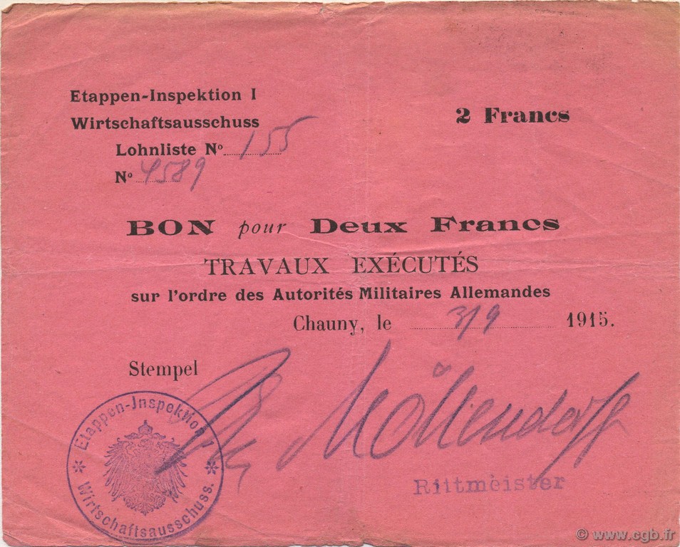 2 Francs ALLEMAGNE Chauny 1915 P.M03 TTB
