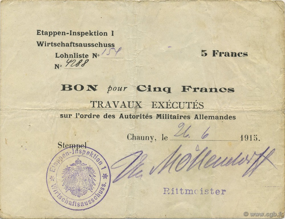 5 Francs ALLEMAGNE Chauny 1915 P.M04 TB+