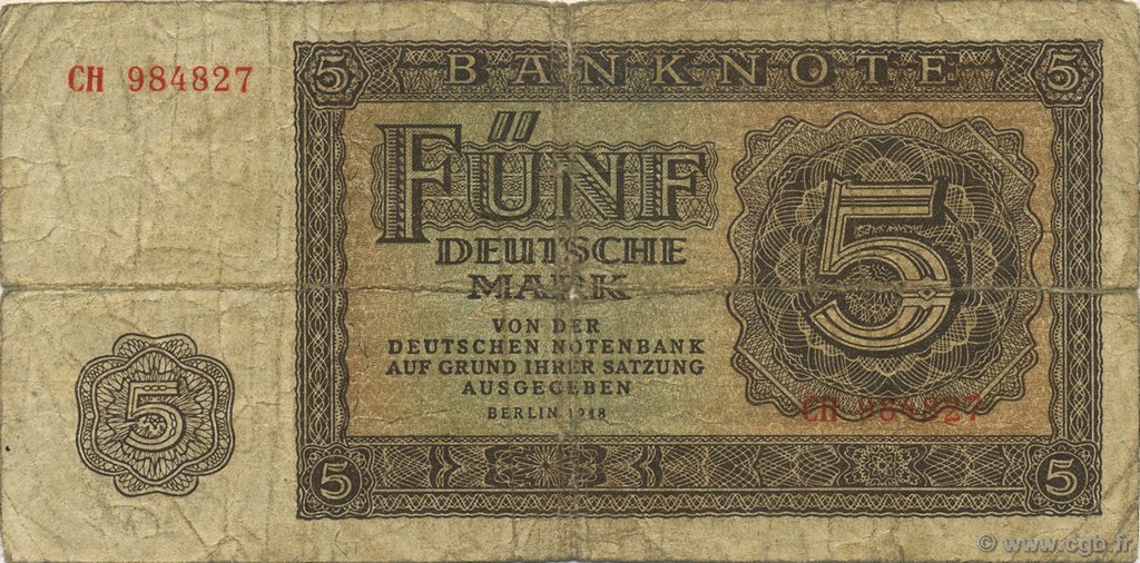 5 Deutsche Mark ALLEMAGNE RÉPUBLIQUE DÉMOCRATIQUE  1948 P.11a B