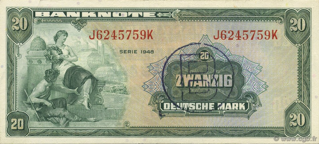 20 Deutsche Mark GERMAN FEDERAL REPUBLIC  1948 P.06b XF+