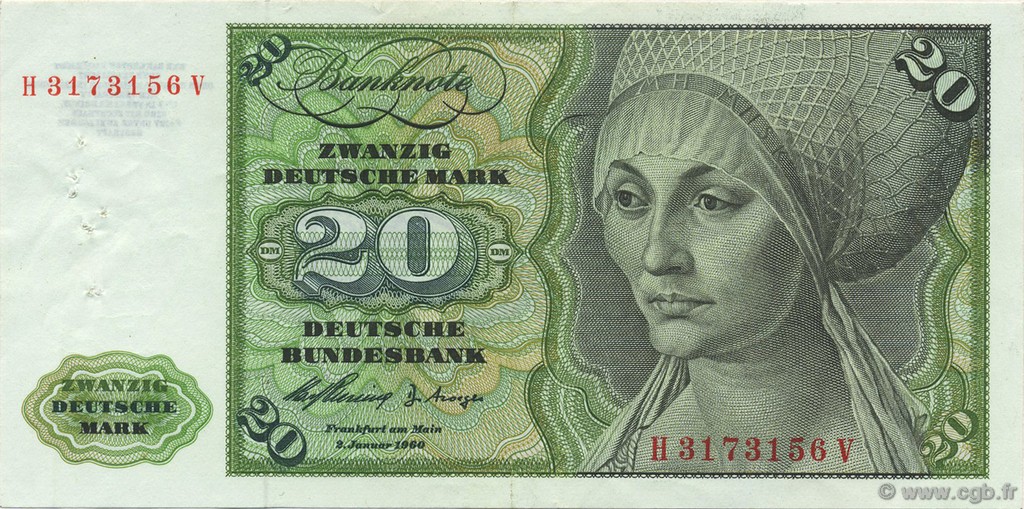 20 Deutsche Mark GERMAN FEDERAL REPUBLIC  1960 P.20a VF+