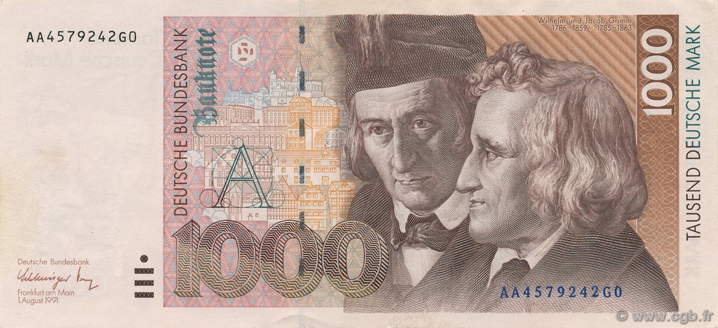 1000 Deutsche Mark GERMAN FEDERAL REPUBLIC  1991 P.44a AU+