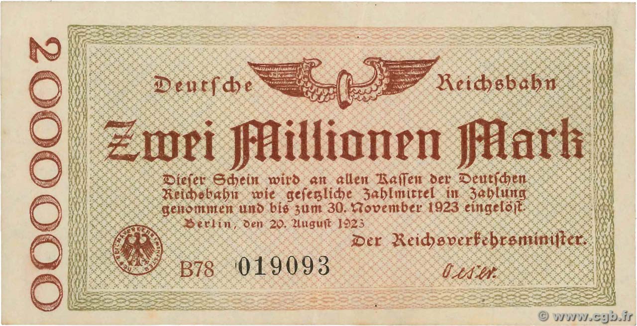 2 Millions Mark GERMANY  1923 PS.1012a XF+