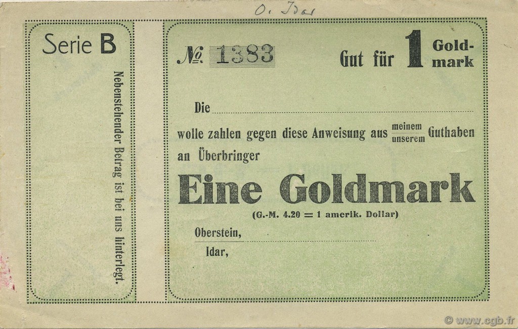1 Goldmark Non émis ALLEMAGNE Oberstein-Idar 1923 Mul.3570- pr.SPL