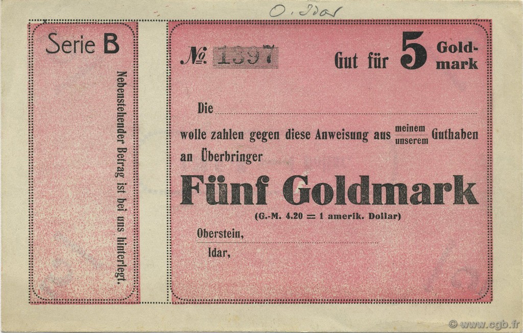 5 Goldmark Non émis ALLEMAGNE Oberstein-Idar 1923 Mul.3570- pr.NEUF