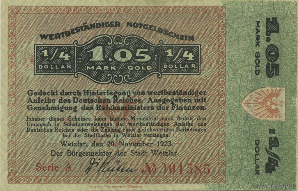 1,05 Goldmark ALLEMAGNE Wetzlar 1923 Mul.5105 pr.NEUF