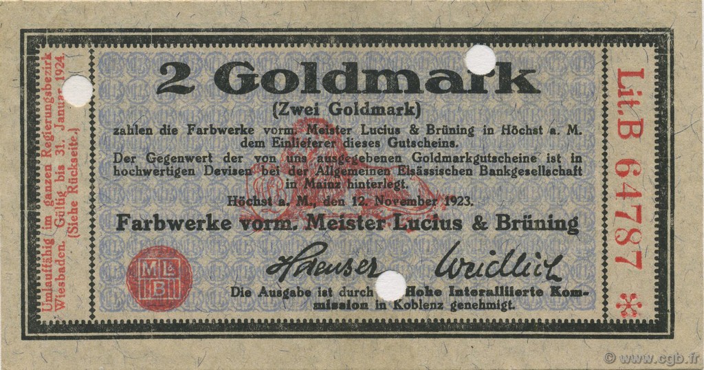 2 Goldmark ALLEMAGNE Hochst 1923 Mul.2525.4b pr.NEUF