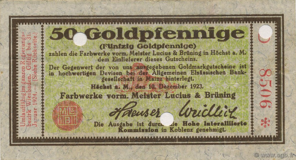 50 Goldpfennige GERMANY Hochst 1923 Mul.2525.8 XF