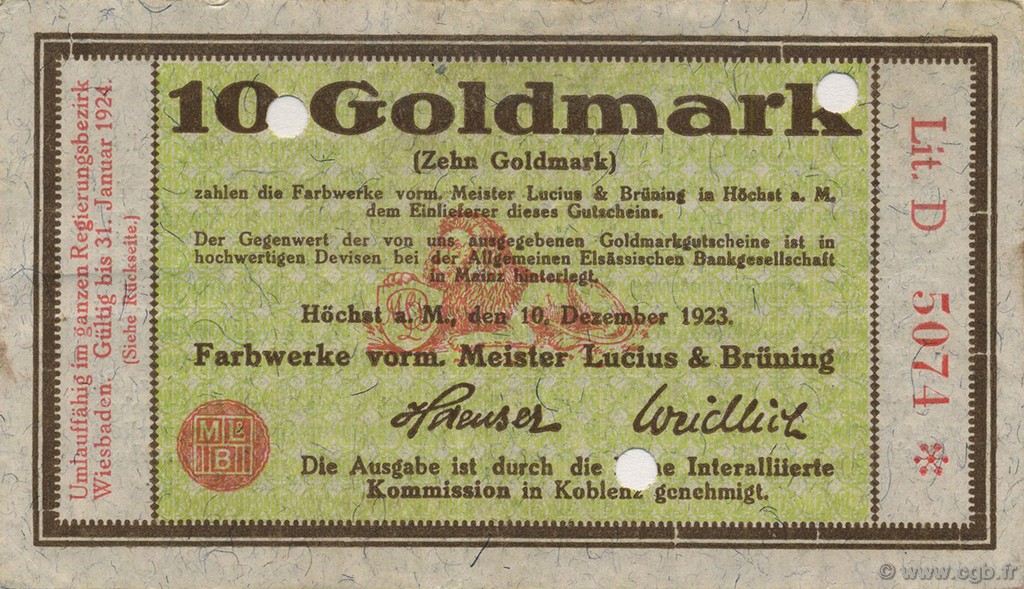 10 Goldmark ALLEMAGNE Hochst 1923 Mul.2525.12 SUP