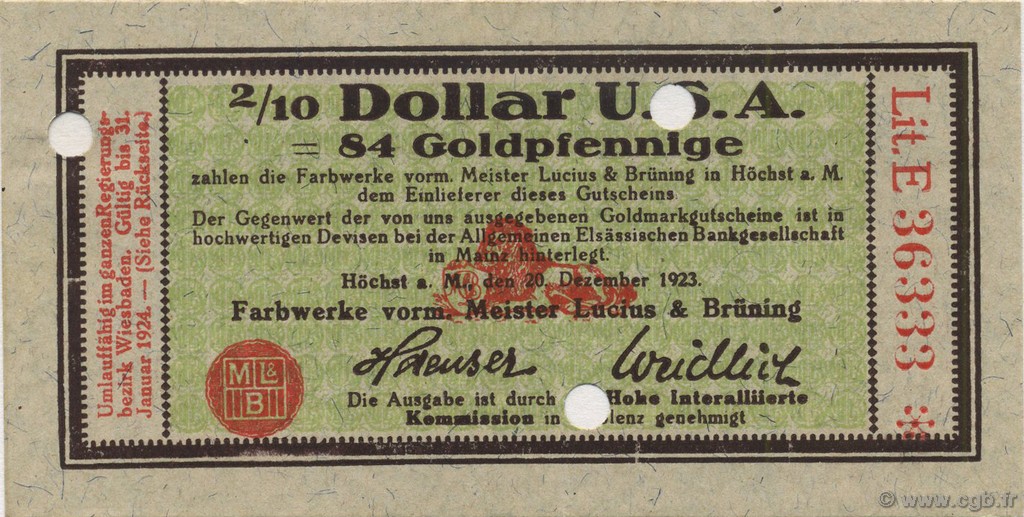 2/10 Dollar ALLEMAGNE Hochst 1923 Mul.2525.14 pr.NEUF