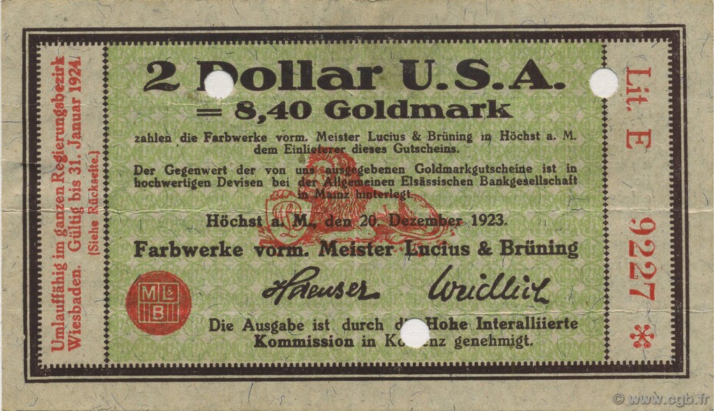 2 Dollar GERMANY Hochst 1923 Mul.2525.16 XF