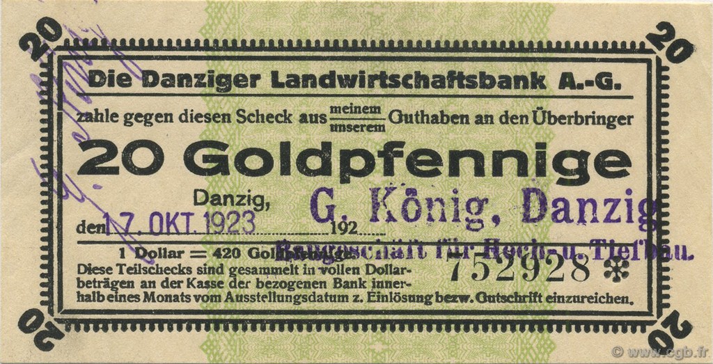20 Goldpfennige ALLEMAGNE Danzig 1923 Mul.-- pr.NEUF