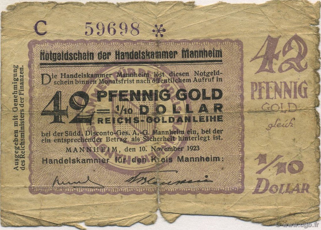 42 Pfennige Gold ALLEMAGNE Mannheim 1923 Mul.3155.3 B