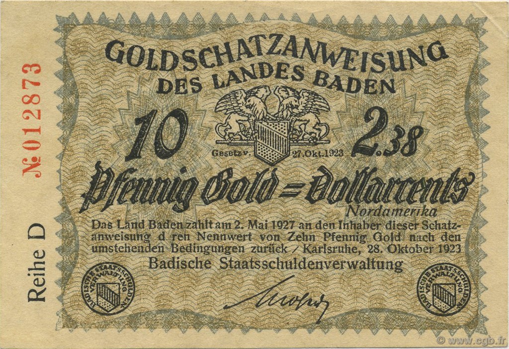 10 Pfennig Gold ALLEMAGNE Karlsruhe 1923 Mul.2725.3 SPL