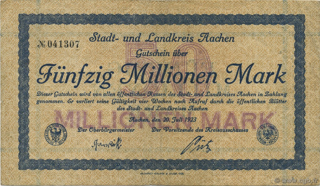 50 Millions Mark GERMANY Aachen - Aix-La-Chapelle 1923  VF