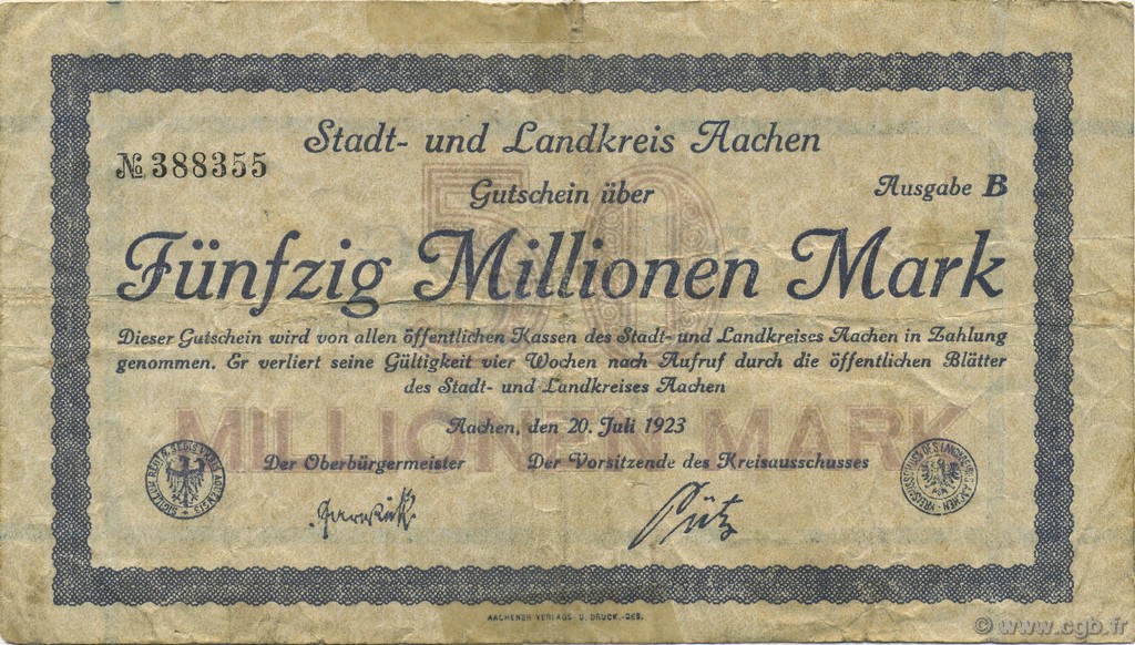 50 Millions Mark ALLEMAGNE Aachen - Aix-La-Chapelle 1923  TB