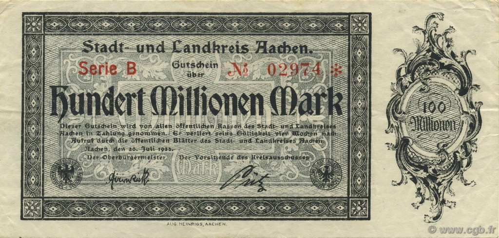 100 Millions Mark ALLEMAGNE Aachen - Aix-La-Chapelle 1923  TTB+