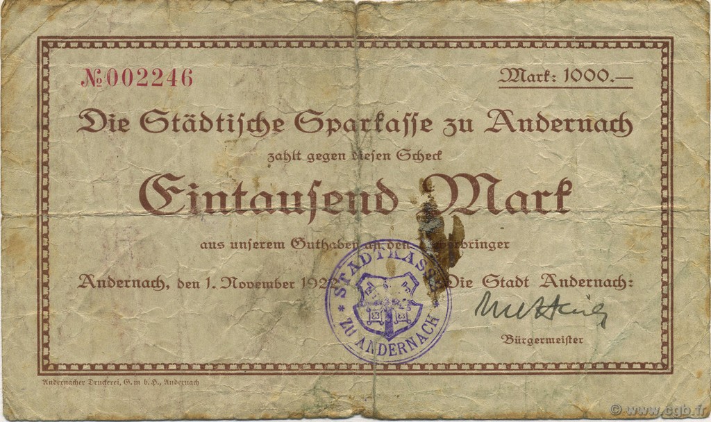 1000 Mark ALLEMAGNE Andernach 1922  TB
