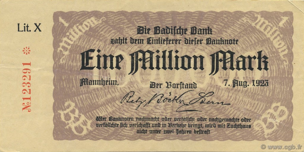 1 Million Mark ALLEMAGNE Mannheim 1923 PS.0912 SUP