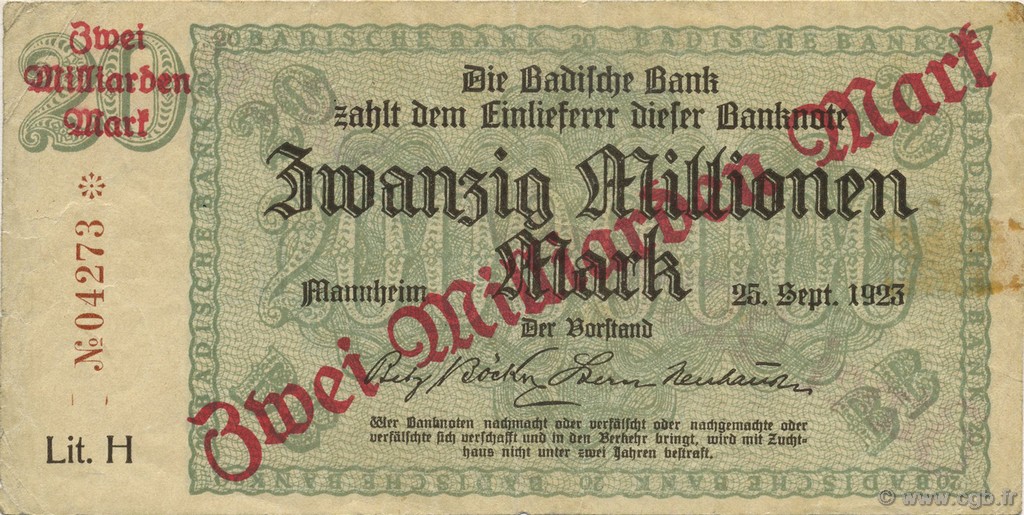 2 Milliards Mark ALLEMAGNE Mannheim 1923 PS.0913 TTB