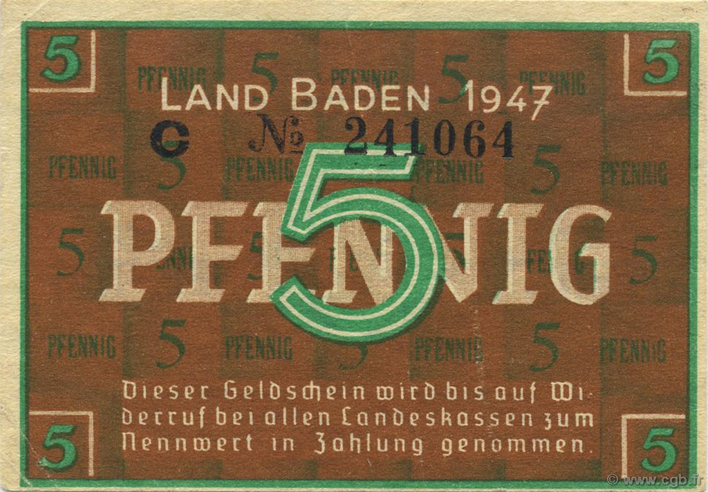 5 Pfennig ALLEMAGNE Baden 1947 PS.1001a SUP