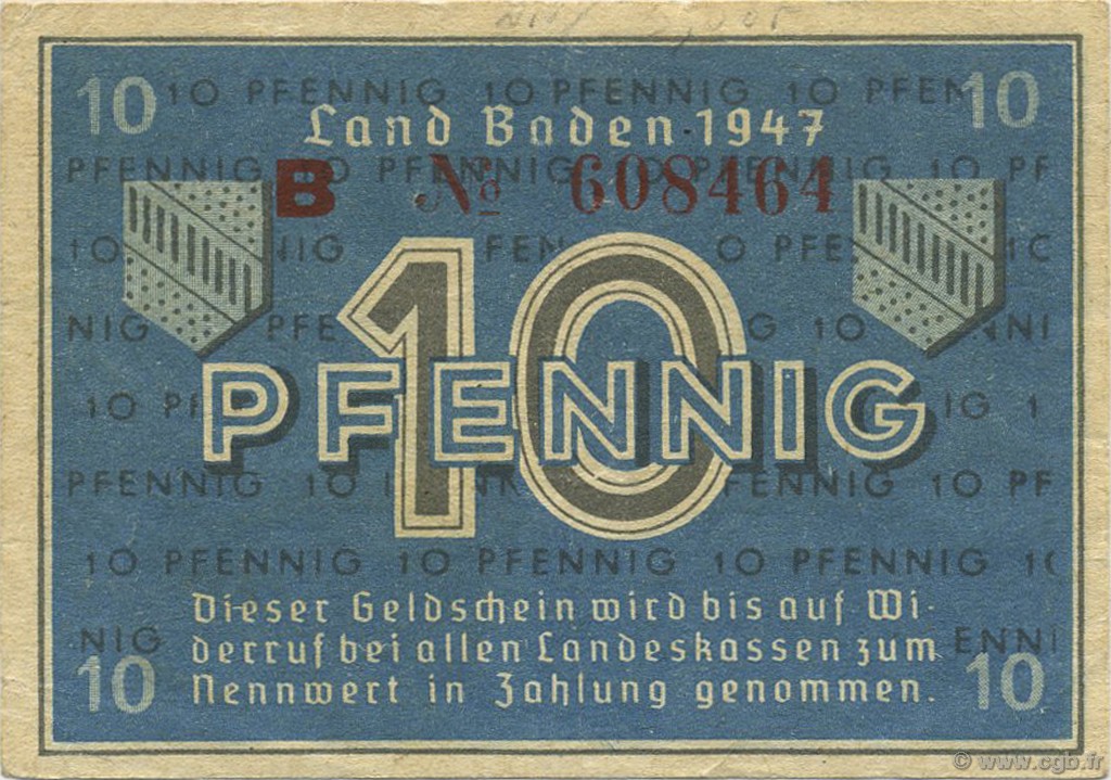 10 Pfennig DEUTSCHLAND Baden 1947 PS.1002a VZ