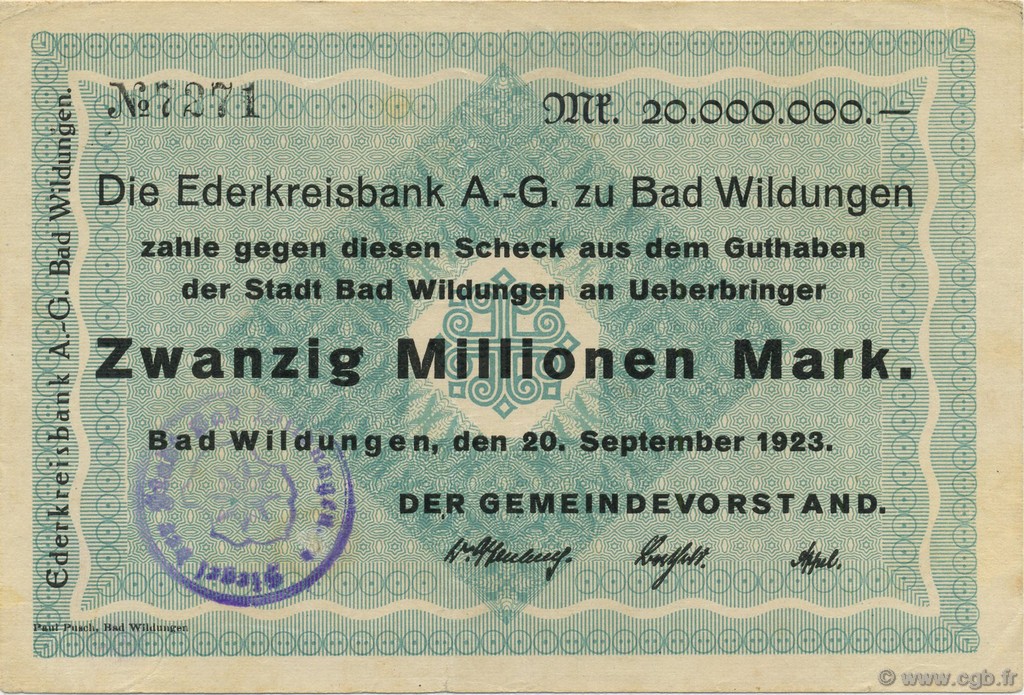 20 Millions Mark GERMANY Bad Wildungen 1923  VF+