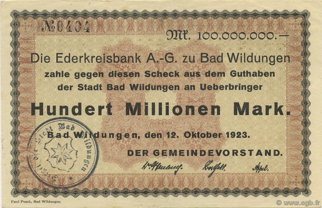 100 Millions Mark ALLEMAGNE Bad Wildungen 1923  SUP