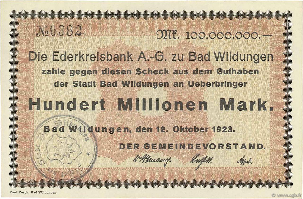 100 Millions Mark DEUTSCHLAND Bad Wildungen 1923  fST+