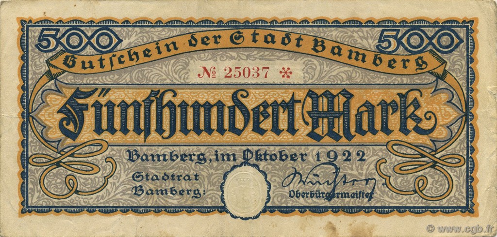 500 Mark ALLEMAGNE Bamberg 1922  TTB