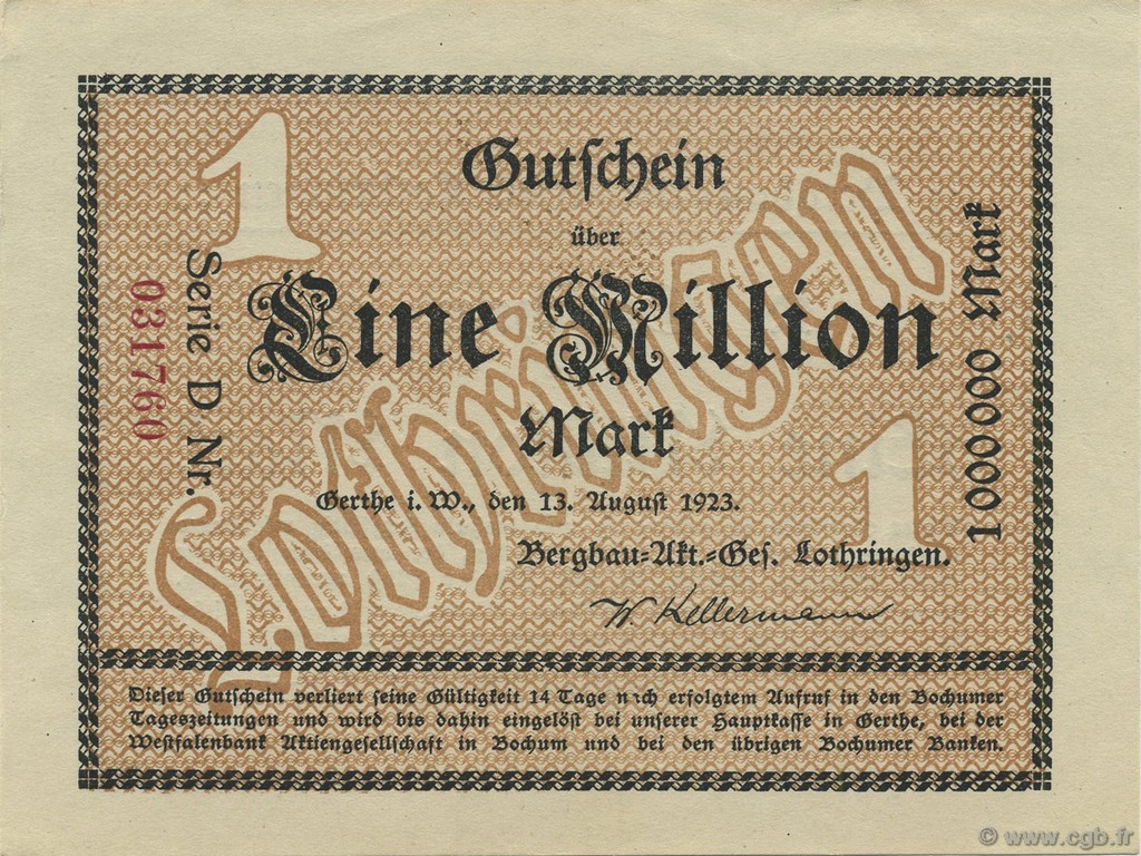 1 Million Mark ALLEMAGNE Gerthe 1923  pr.NEUF