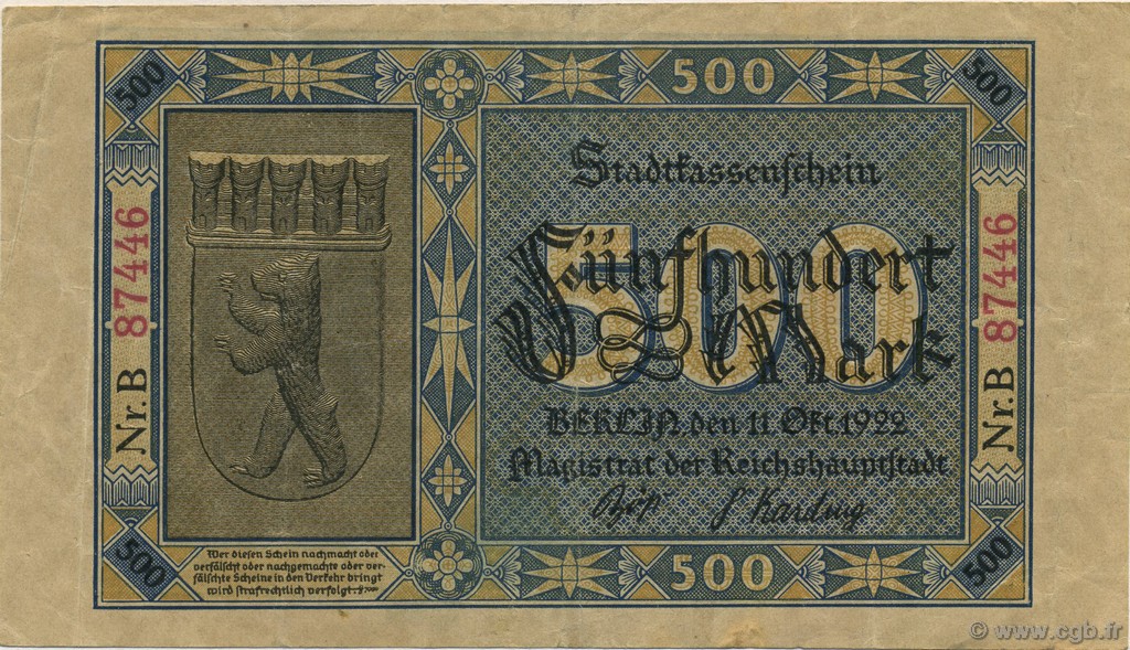 500 Mark ALLEMAGNE Berlin 1922  TTB