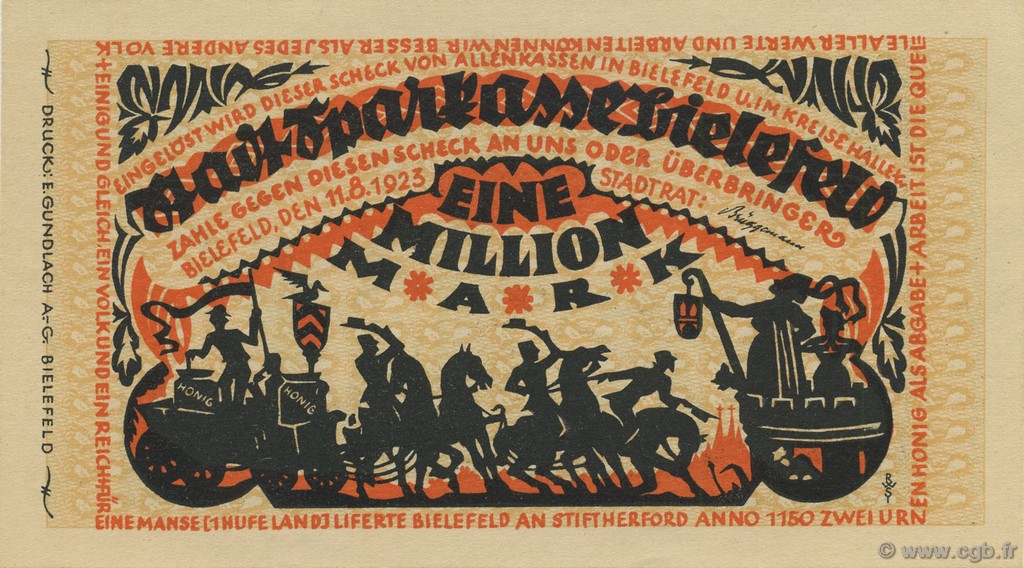 1 Million Mark ALLEMAGNE Bielefeld 1923  pr.NEUF