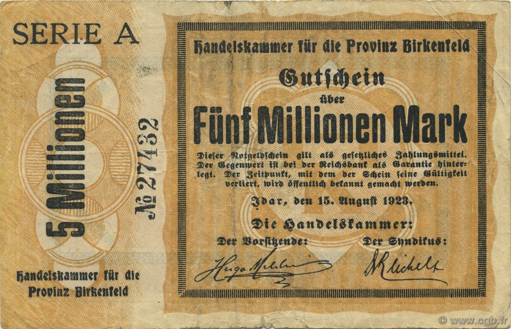 5 Millions Mark ALLEMAGNE Birkenfeld 1923  pr.TTB