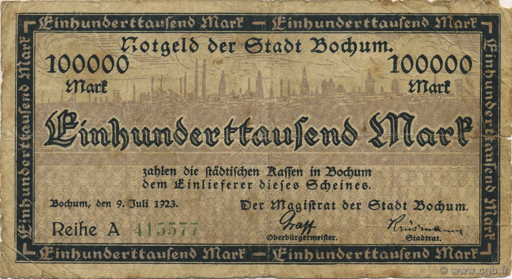 100000 Mark ALLEMAGNE Bochum 1923  pr.TB