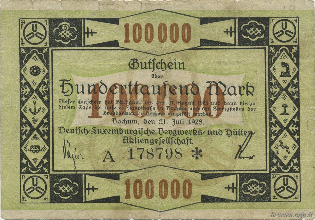 100000 Mark ALLEMAGNE Bochum 1923  TB