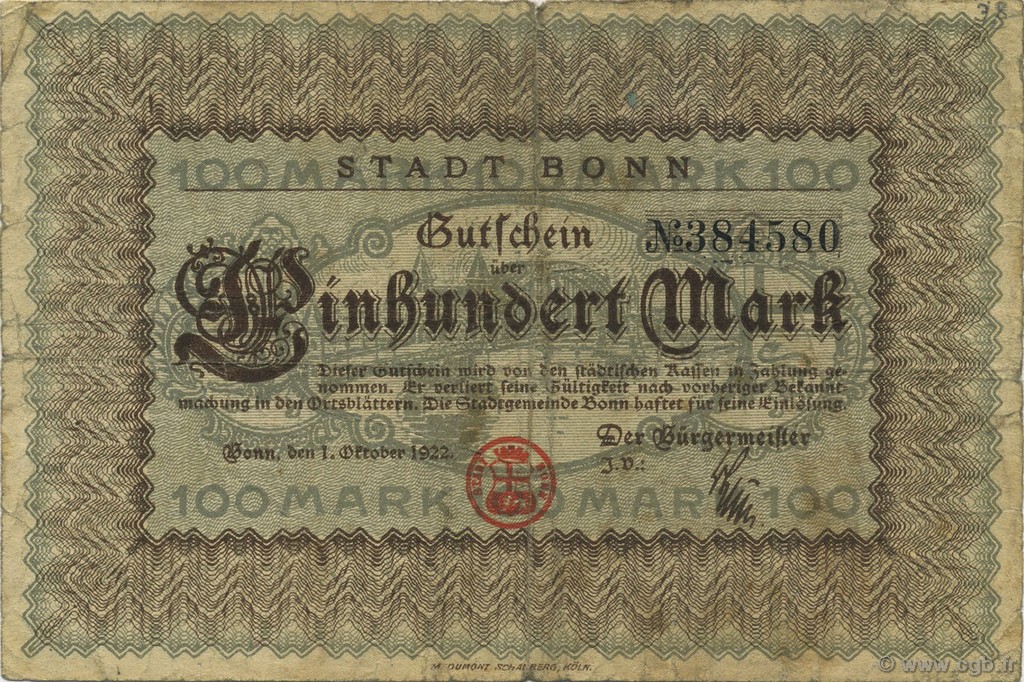 100 Mark ALLEMAGNE Bonn 1922  TB
