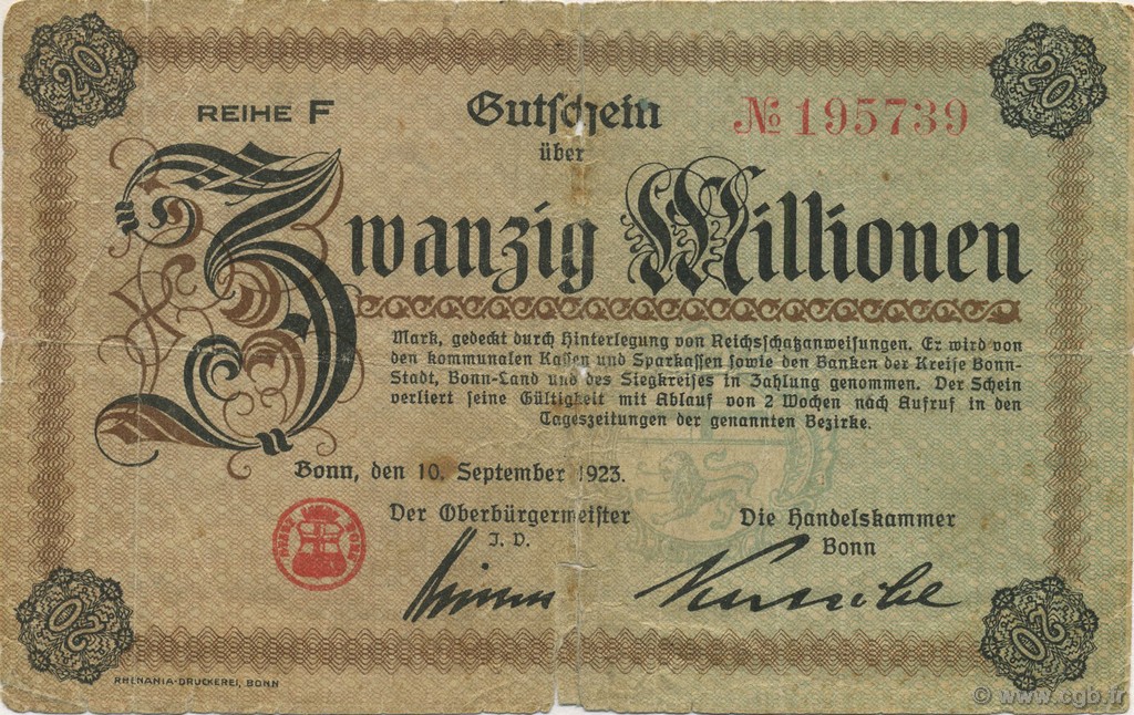 20 Millions Mark ALLEMAGNE Bonn 1923  B