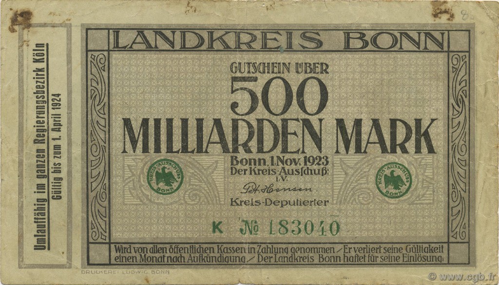 500 Milliard Mark ALLEMAGNE Bonn 1923  TB+