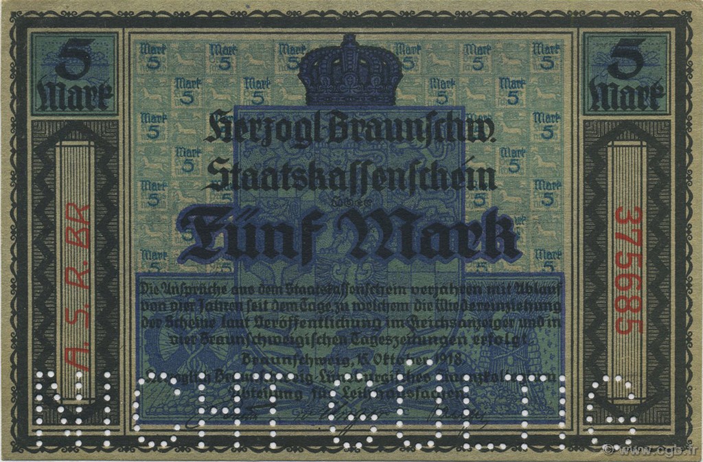 5 Mark ALLEMAGNE Braunschweig 1918  SPL