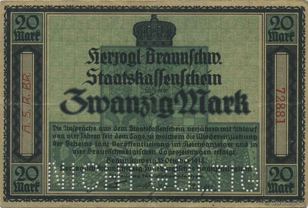 20 Mark GERMANY Braunschweig 1918  VF+