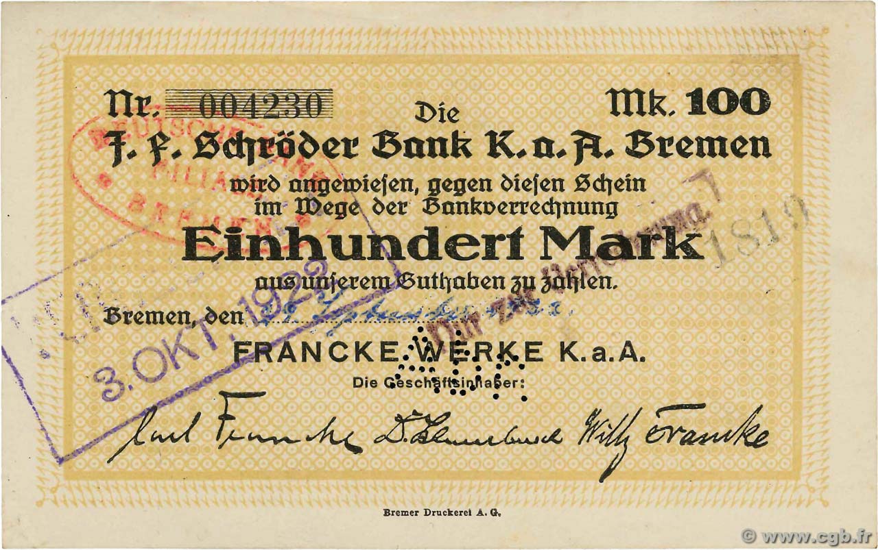100 Mark GERMANIA Bremen 1922  SPL+