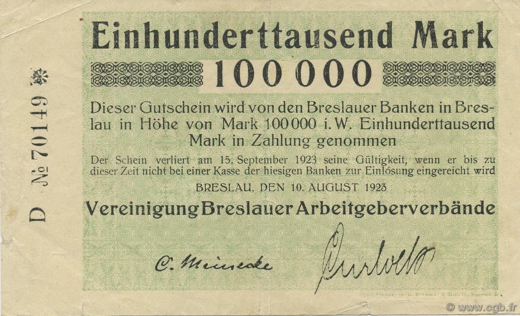 100000 Mark ALLEMAGNE Breslau 1923  TTB